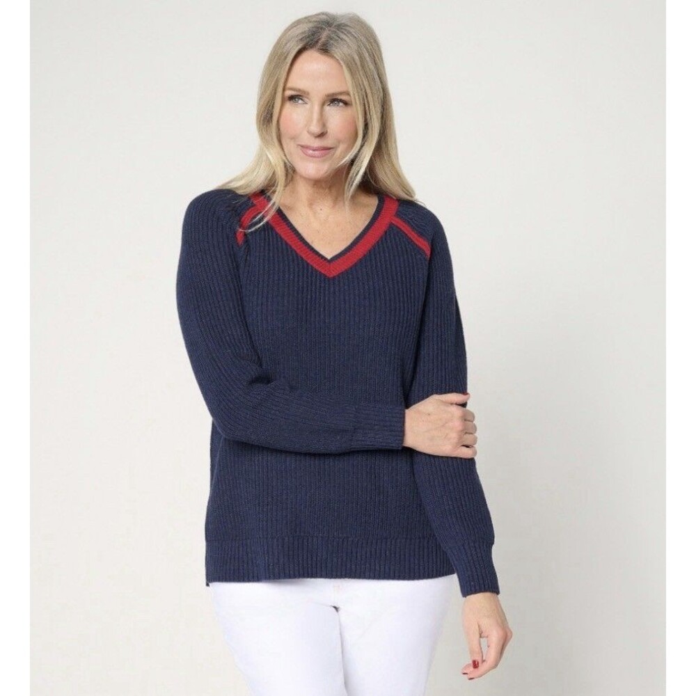 Belle by Kim Gravel Country Club Shaker Knit V Neck Sweater Size M Twilight